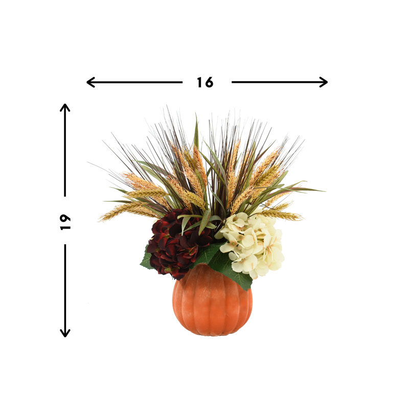 Cream and Burgundy Hydrangea with Wheat Grass in a Pumpkin Pot