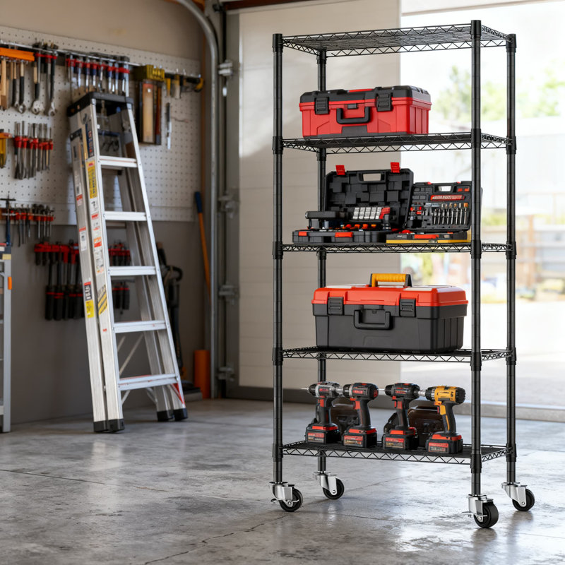 Étagère en fil métallique robuste à 5 niveaux avec roulettes, support de rangement réglable d'une capacité de 750 lb pour l'organisation du garde-manger