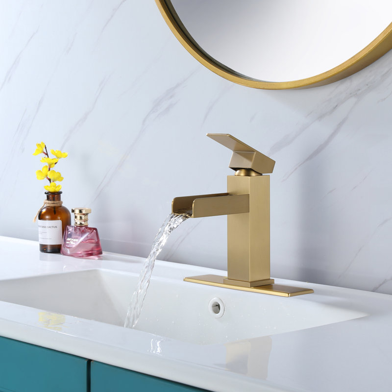 7" H Waterfall Single Handle Bathroom Sink Faucet With Optional Drain Assembly, Brushed Gold, Without Drain