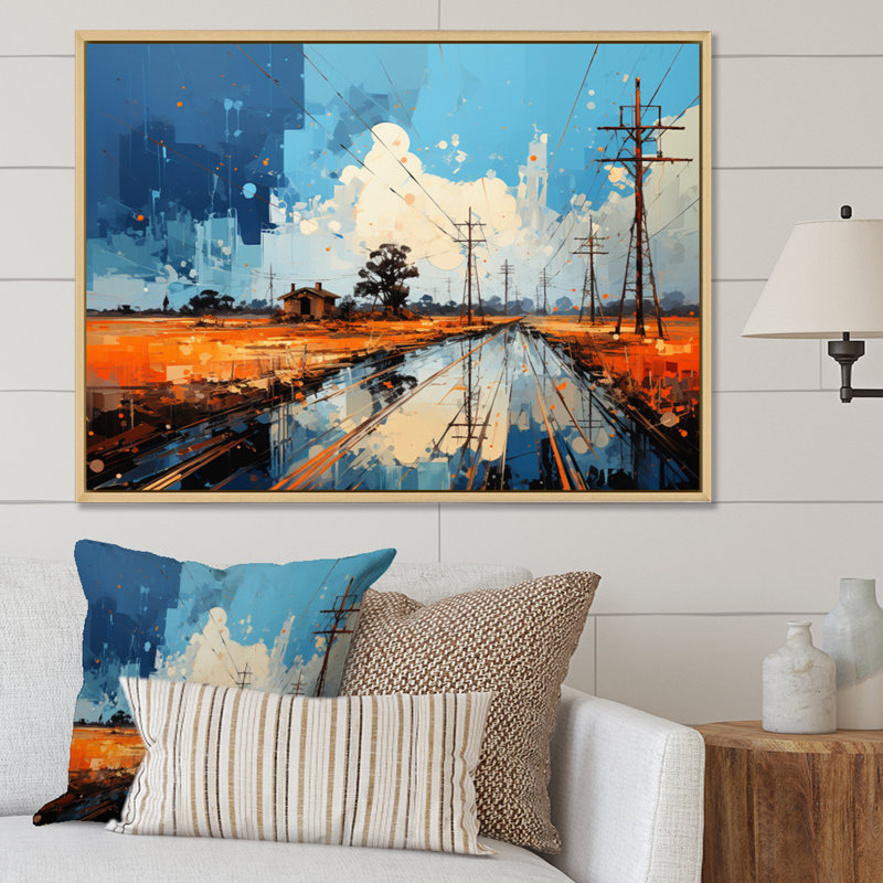 " Power Lines Electric Intersections II ", 30" H x 40" W x 1.5" D, Natural Floater Framed