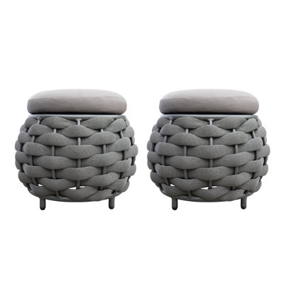 Rope Outdoor Ottoman (set Of 2), Upholstered Patio Footrest With Metal Frame For Deck, Porch Lounge Chair