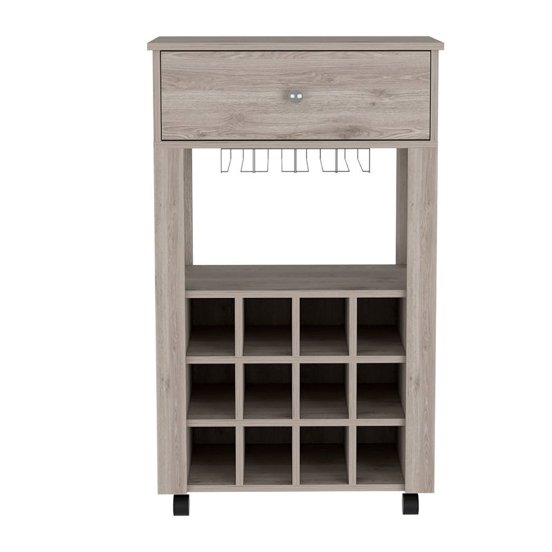 Memphis Bar Cart, Twelve Built-in Wine Rack, Four Legs, One Open Shelf, Gray