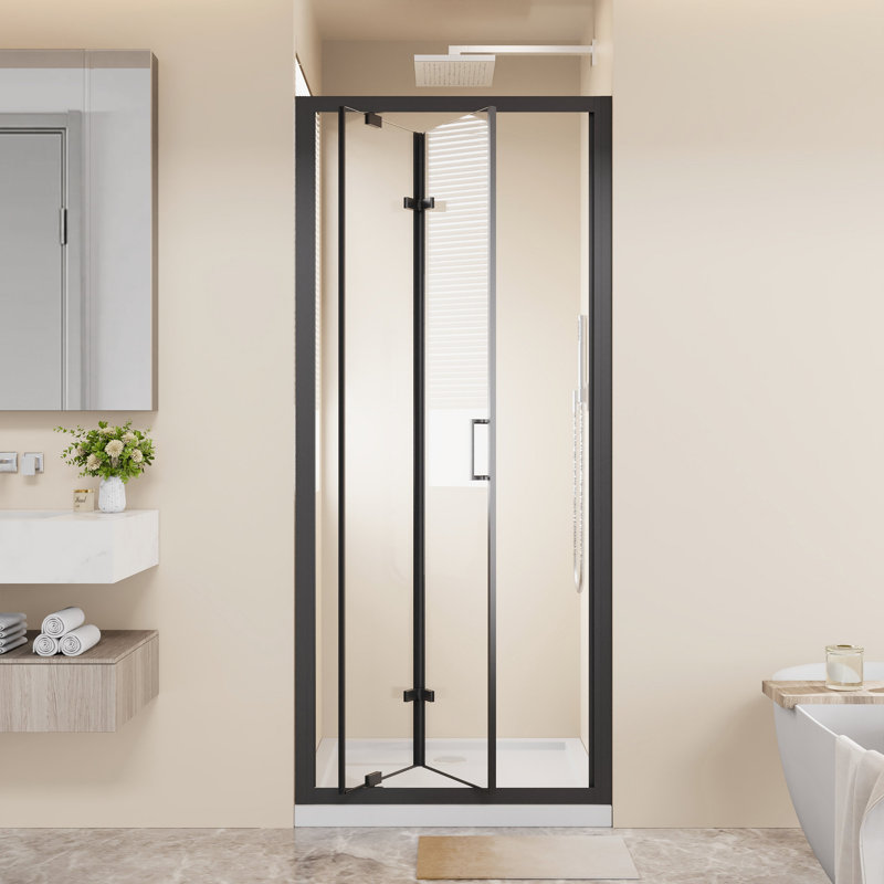 Framed Bi-Fold Pivot Shower Door 30"X72" Space-Saving Folding Shower Enclosure, 1/4" Clear Tempered Glass With Stainless Steel Handle, Reverible Installation, Black