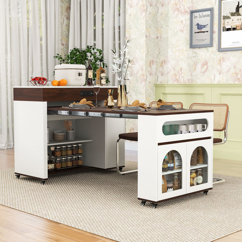 Îlot de cuisine roulant avec table de salle à manger pliante, armoire de rangement et prise de courant intégrée, Blanc