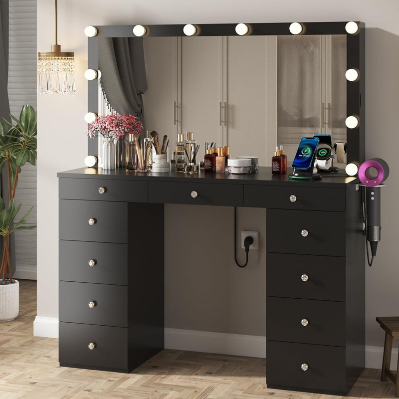 47" Large Makeup Deidra With USB Power Outlet,Mirror, 12 Adjustable Lights,11 Drawers And 2 Side Hidden Jewellery Cabinets,Crystal Knobs