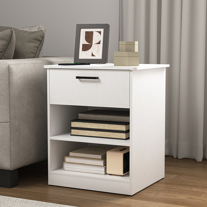 Table de chevet en bois avec 1 tiroir et tablettes, table de bout pour la chambre à coucher, Blanc