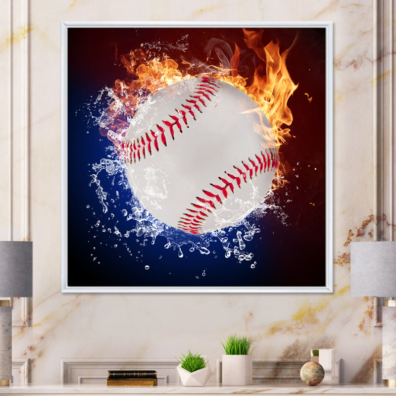Baseball Ball In Fire Flames - on, H 30 po x l 30 po x P 1 po, Toile encadrée flottée blanche
