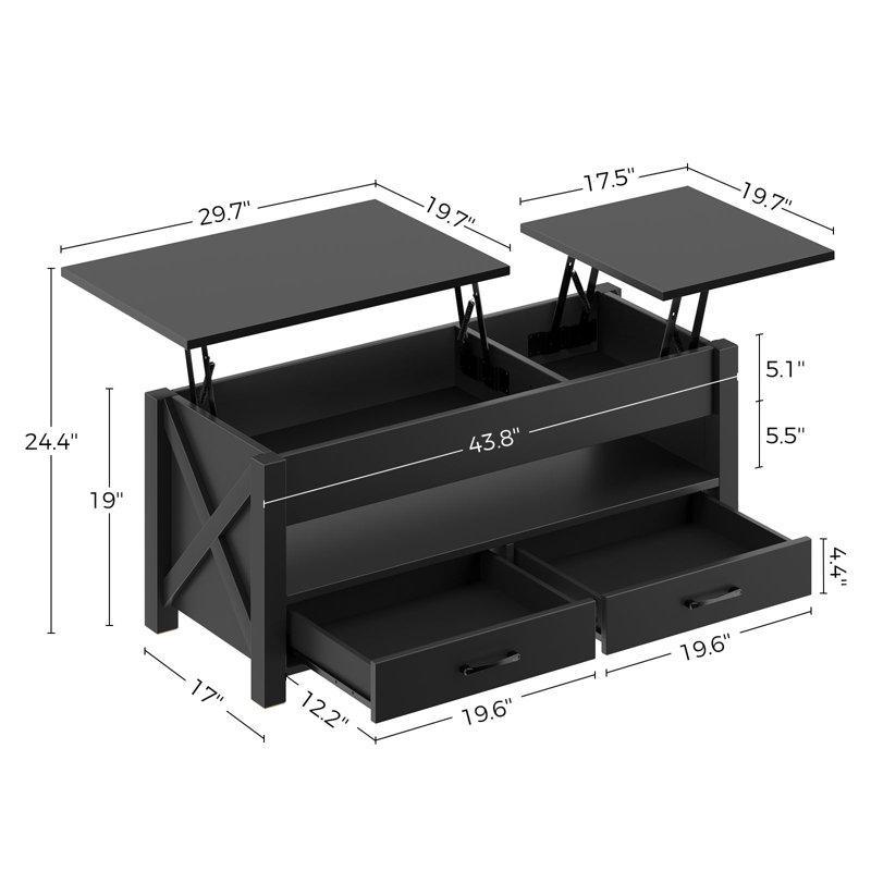 Dextyn Top Lift Coffee Table with 2 Drawers for Storage Space, 19" H x 47.2" L x 19.7" W, Black