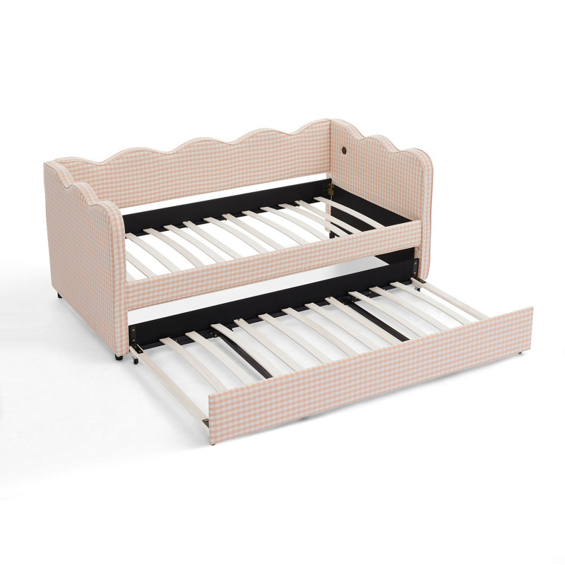 Daybed With Trundle Twin Size Sofa Bed No Box Spring Needed, With USB Port And Adorable Wave Shaped,, Pink