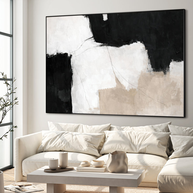 Très grand art mural imprimé sur tissu - Composition abstraite noire et beige de style moderne - "Assemblage requis (cadre non fini)"