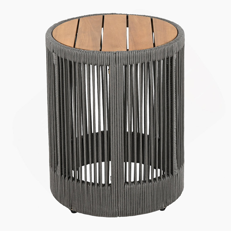 Outdoor Rattan Rope & Acacia Wood Side Table - Patio Balcony Furniture For Garden, Yard, Balcony - Weather Resistant(Rope Grey, Natural Iron)
