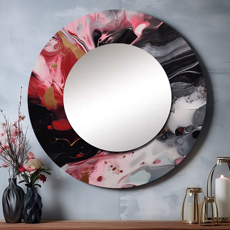 Quesha Red and Black Marble Whispers IV - grand miroir mural, miroir mural rond rouge, impression d'art en métal
