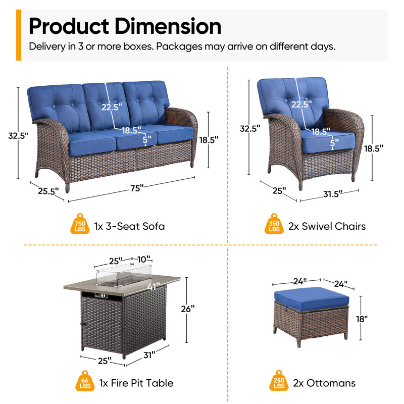 Teebeck 6-Piece Outdoor Wicker Patio Conversation Set With Rectangle Fire Pit Table And Lounge Chairs, Blue