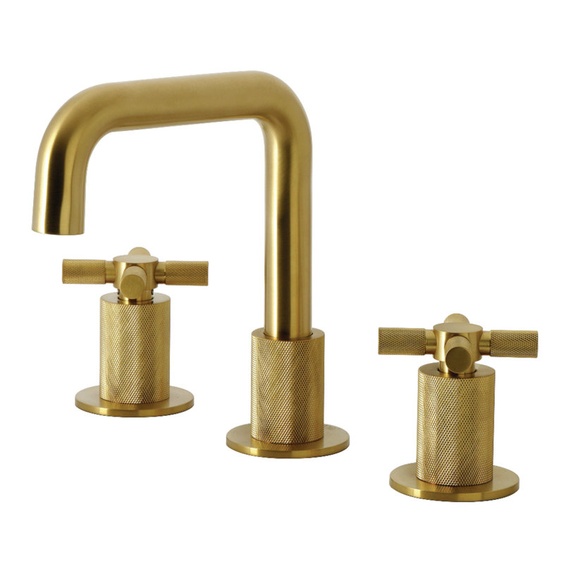 Kingston Brass Convergent Two-Handle 3-Hole Deck Mount Widespread Bathroom Faucet With Push Pop-Up Drain, Brushed Brass