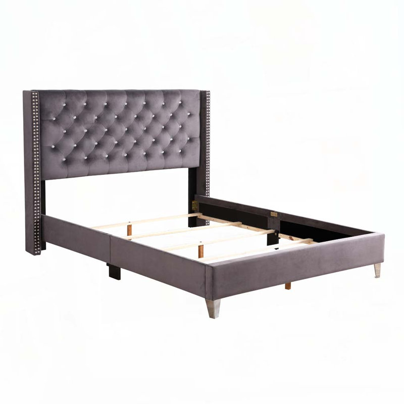 Velvet Upholstered Bed with Tufted Headboard, Grey, Queen