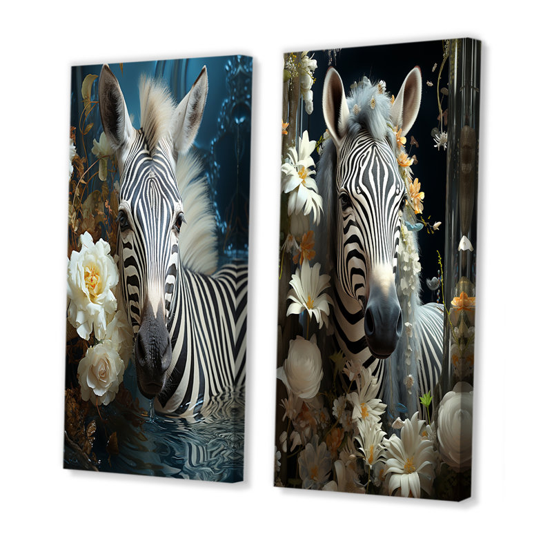 Zeste de zèbre avec fleur blanche - animaux, ensemble de 2 reproductions d'art sur toile zèbre, Toile tendue