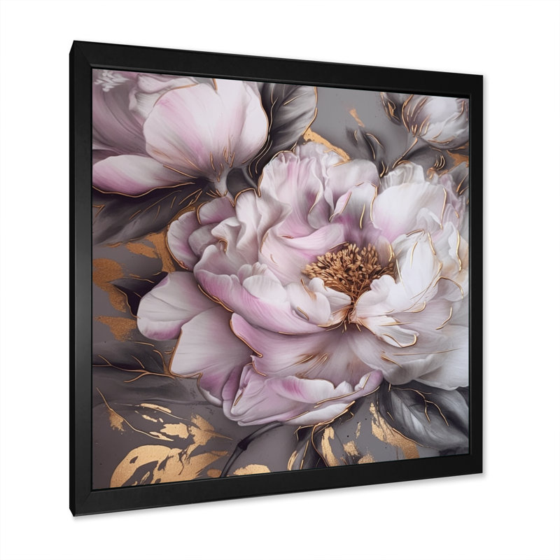 " Pink Grey Peonies Elegance III ", Black Picture Framed, 16" H x 16" W x 1" D