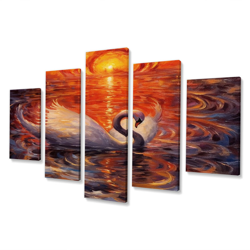 Cygne blanc au coucher du soleil majestueux - animaux, art mural de salon, 5 panneaux