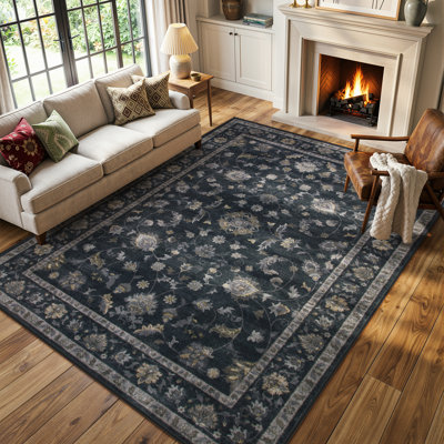  Vintage Floral Vine Washable Black 8X10 Area Rugs – Non-Slip Soft Low Pile Carpet for Living Room, Bedroom Dining Room & Entryway
