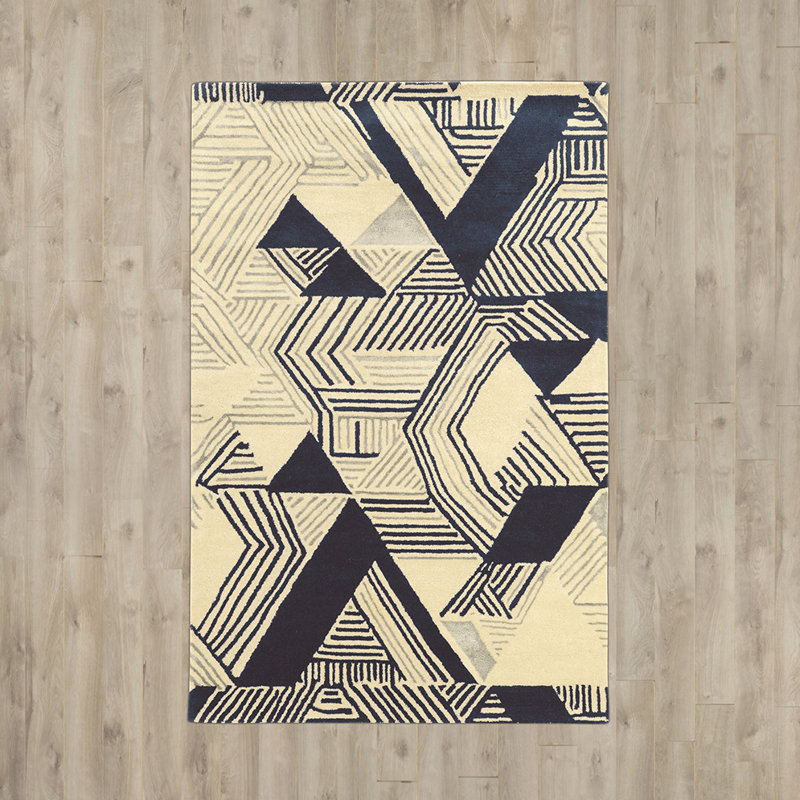 Patnode Abstract Handmade Tufted Wool Beige/Blue Rug, Rectangle 2' x 3'