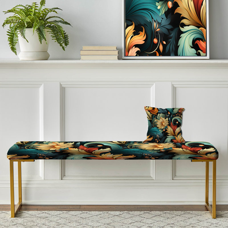 Beige And Green Tribal Damask Blend - Damask Upholstered Gold Bench