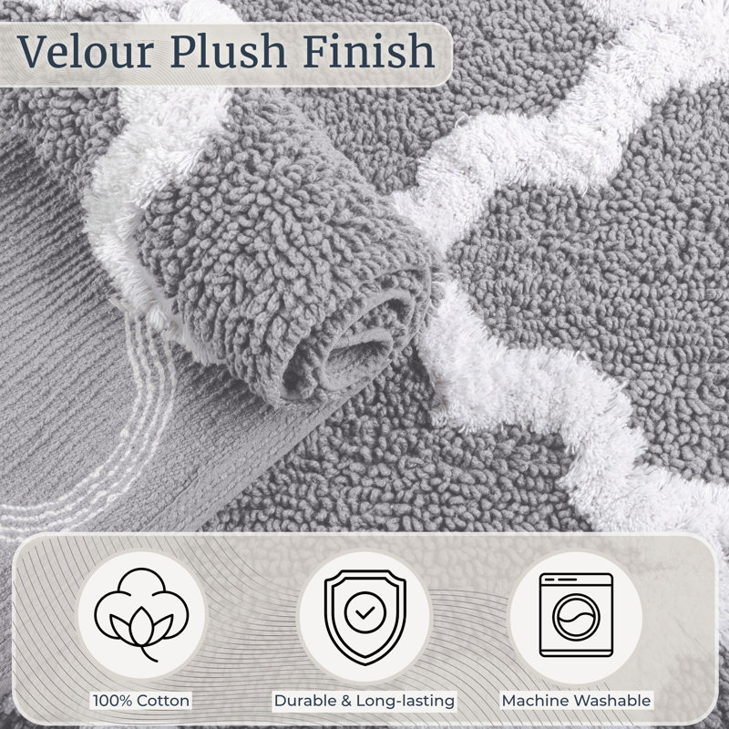 Freida 24x60-inch Cotton Bathroom Rug with Trellis Pattern and Non-Slip Base - Machine Washable, Silver