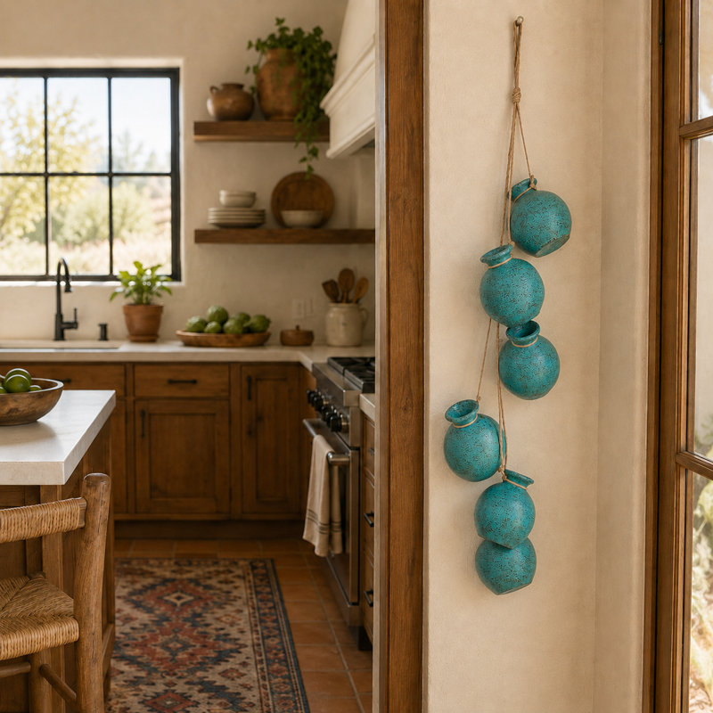 Large Turquoise Hand-Colored Hanging Clay Pots with Rope