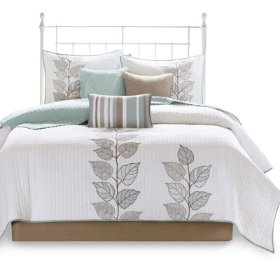 Embroidered Quilt With 2 Shams, Blue White, Full/queen, Microfiber , Design Reversible 6 Piece Decorative Pillows, White Leaf Embroidery, Fabric
