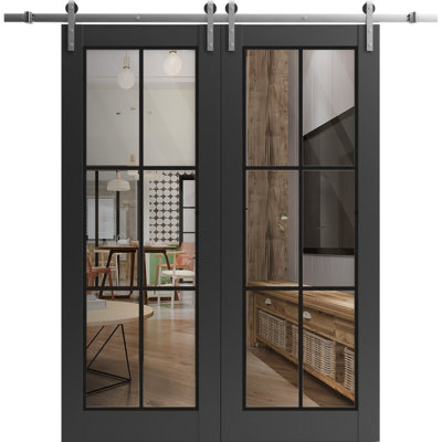 Porte de grange double robuste avec verre transparent | Lucia 2366 | Ensemble lourd de cintres en acier inoxydable 13 pi | Portes intérieures à panneau plein - Rail argenté - Verre transparent