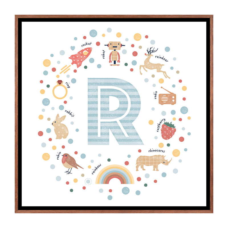 Lettre illustrée R bleue - impression, Pas de tapis, H 26 po x l 26 po x P 1,5 po, Toile avec cadre brun