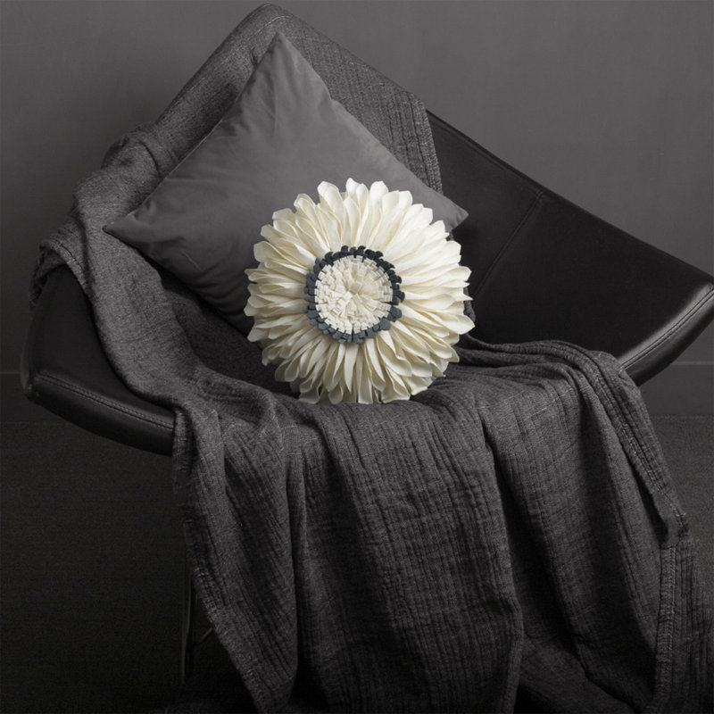  Housse et insert de coussin décoratif en tournesol Appliqued, Carré 14 po, Velours ivoire