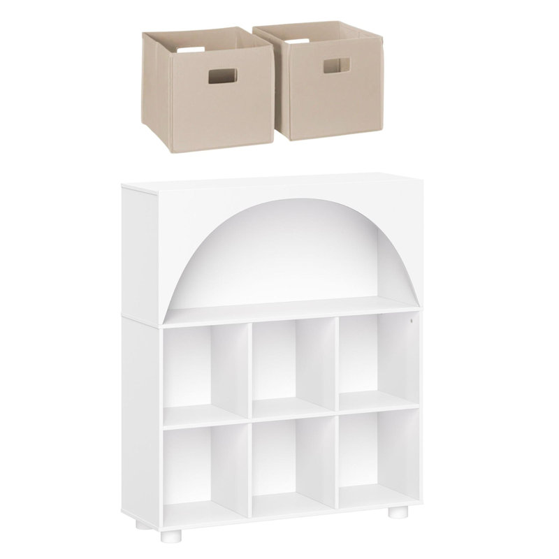 Kids Curve Appeal 35 In. 6 Cubby Bookcase With 2Pc Bins, White/Taupe Bins