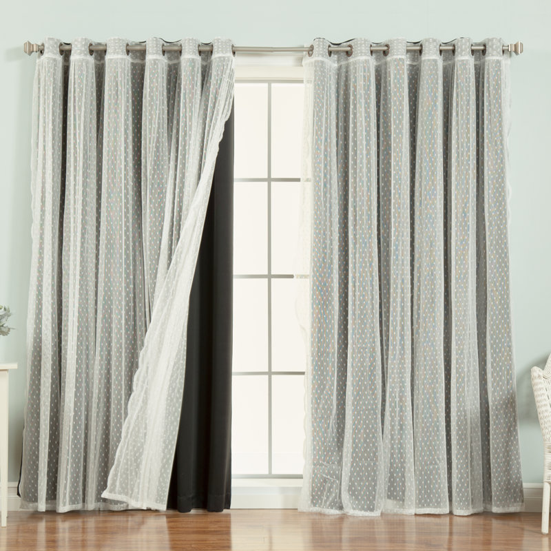 Rideau occultant en polyester Damyiah (1 voilage et 1 panneau occultant), Noir, L 80 po x L 96 po
