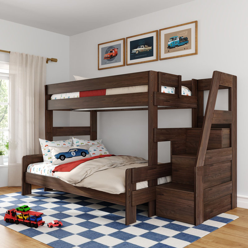 Modern Farmhouse Bunk Bed With Staircase, Twin Over Full, Barnwood Brown