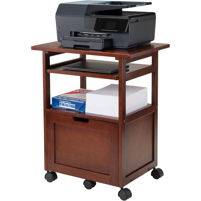 Mobile Printer Station And Organizer With Storage Drawer, Solid And Composite Wood Construction, Walnut Finish, Assembly Required