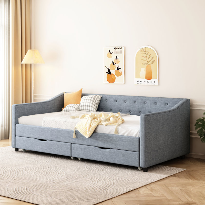 Grey Twin Size Daybed With Drawers, Upholstered Bed, Button - Adorned Back, Piped Waved Arms, High Density Foam Filler And Breathable Fabric, Engineered Wood Frame, Modern Style For Living Bed
