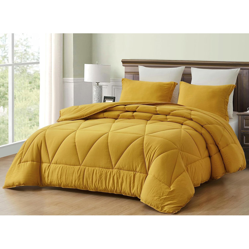 Washed Microfiber Bedding Polyester Comforter, Full/Double Comforter + 2 Standard Shams, Mustard Yellow