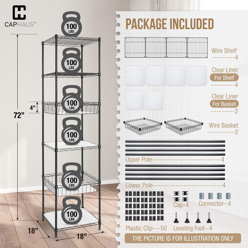 CAPHAUS Nereida NSF Adjustable Height 6 Tier Wire Shelving Unit w/ Basket & Liner, Matte Black