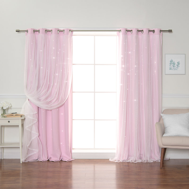 Jenifer Tulle Overlay Star Cutout Solid Room-Darkening Grommet Curtain Panels, 52" W x 84" L, Pink