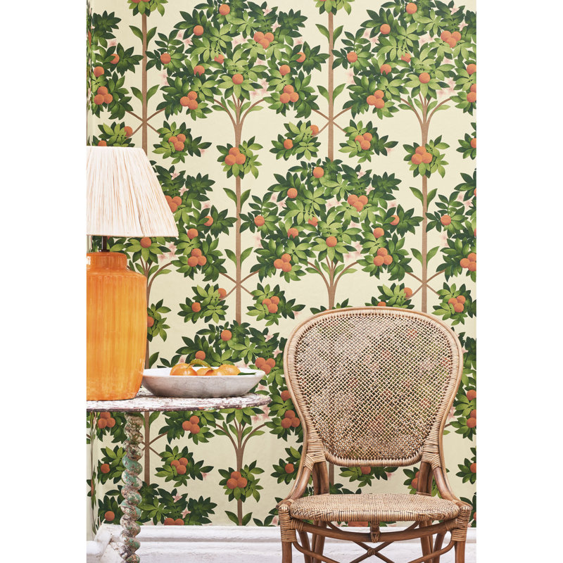 Floral Wallpaper Roll, Orange/Spring Green