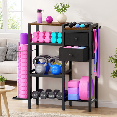 Home Gym Storage Rack with 2 Fabric Drawers, Adjustable Shelves and Yoga Mat Holder