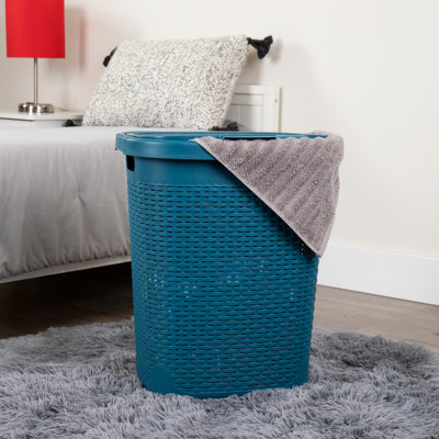  50L Slim Laundry Hamper, Clothes Basket, Lid, Wicker Design, Plastic