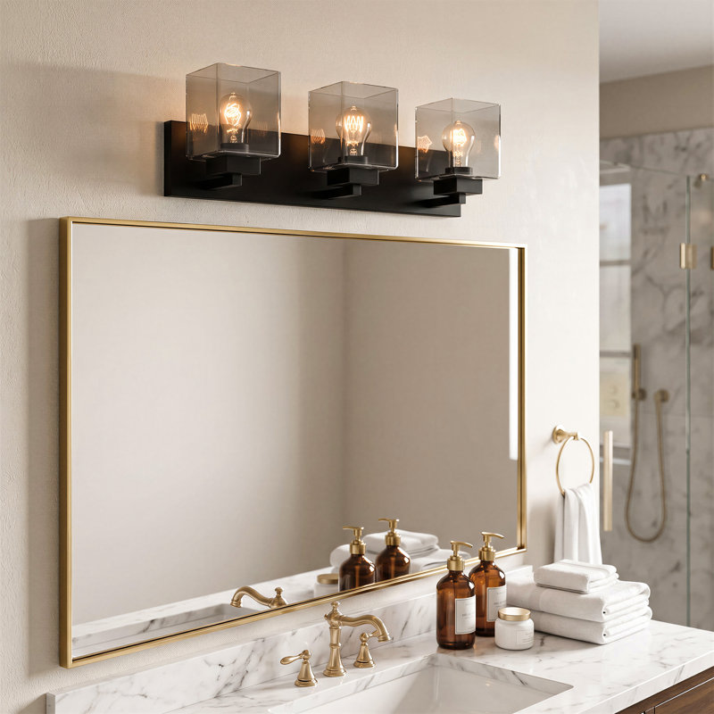 3-Light Matte Black Wall Sconce, Square Clear Glass Shades, E26 Base, Vanity Light for Bathroom