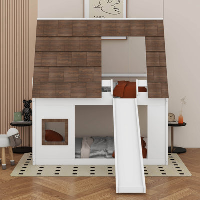 Wood Twin Size House Bunk Bed With Roof, Ladder And Slide