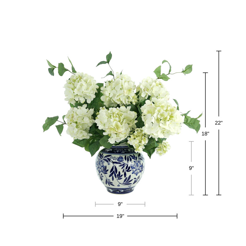 Hydrangea Floral Arrangement In A Decorative Ceramic Vase, White, 24" H x 21" W x 21" D
