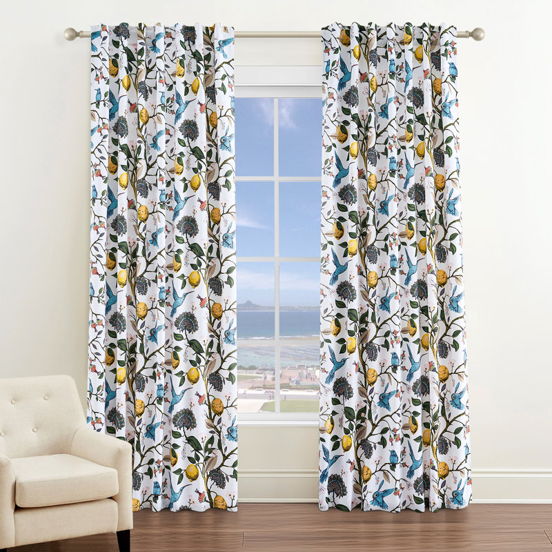 Fancy Hummingbird Patterned Blackout Curtain,Rod Pocket Back Tab Floral Drapes,Set of 2, White, 52" W x 84" L