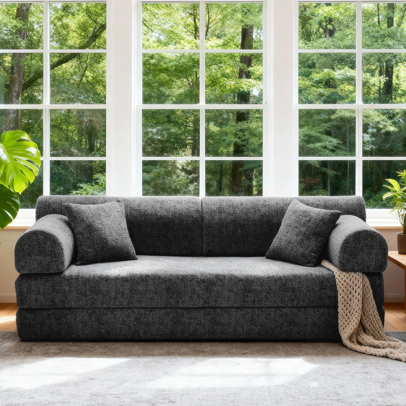 Corduroy Folding Mattress Couch with Fixed-Shape Frame, Floor Sofa Lounge Couch, Speckled Black