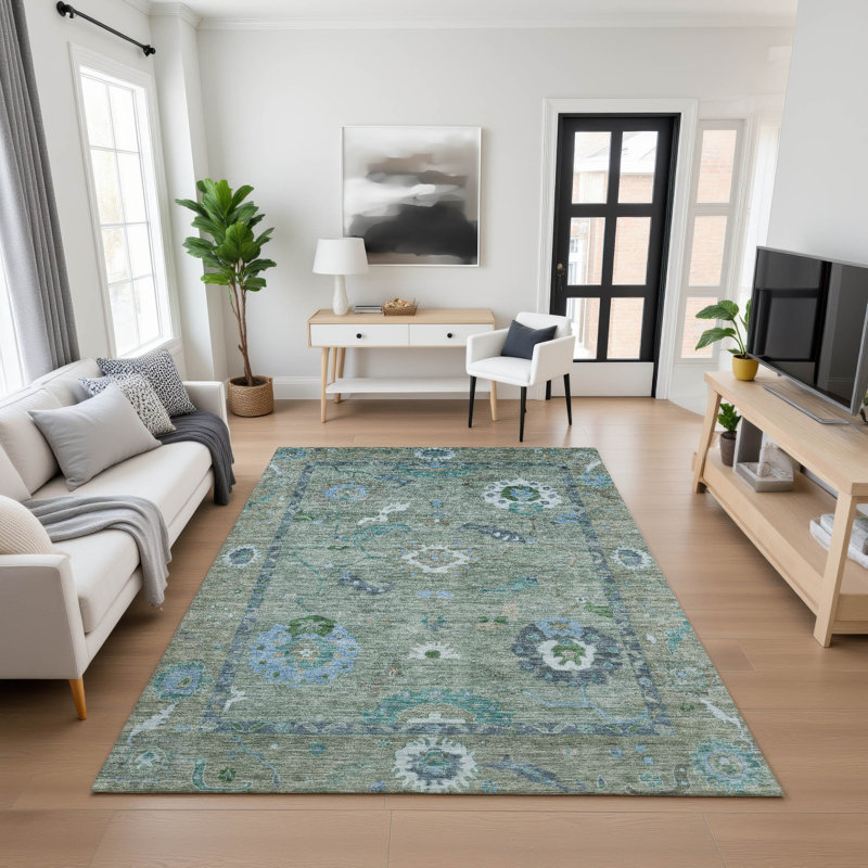 Premium Machine Washable Mayfield AMF2229 Global Rug, Aloe, 9' x 12'