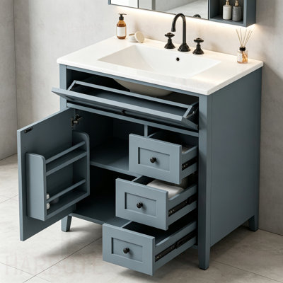 Bathroom Vanity with Sink, Modern MDF and Rubberwood Cabinet with 3 Drawers and Adjustable Shelf, Freestanding Vanity(Left Door)
