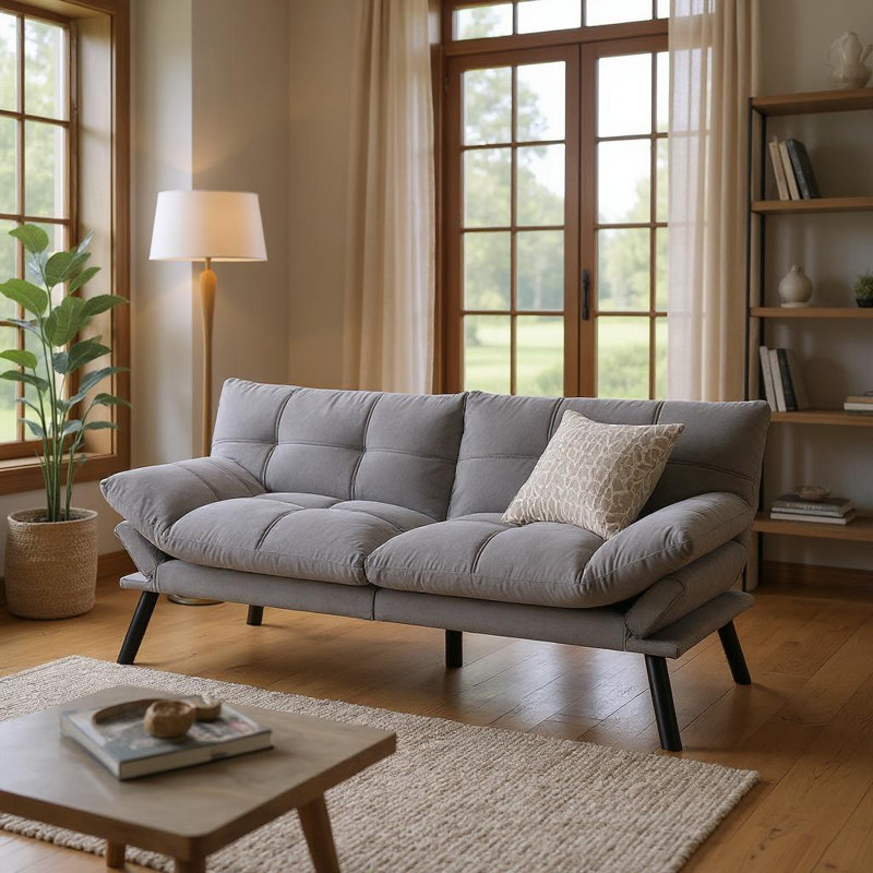 Canapé-lit futon convertible 2-en-1 avec accoudoirs et dossier réglables pour petits espaces, gris, Gris clair
